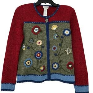 Vintage Koret Folk Art Floral Embroidered Wool Blend Knit Cardigan SP Cottage